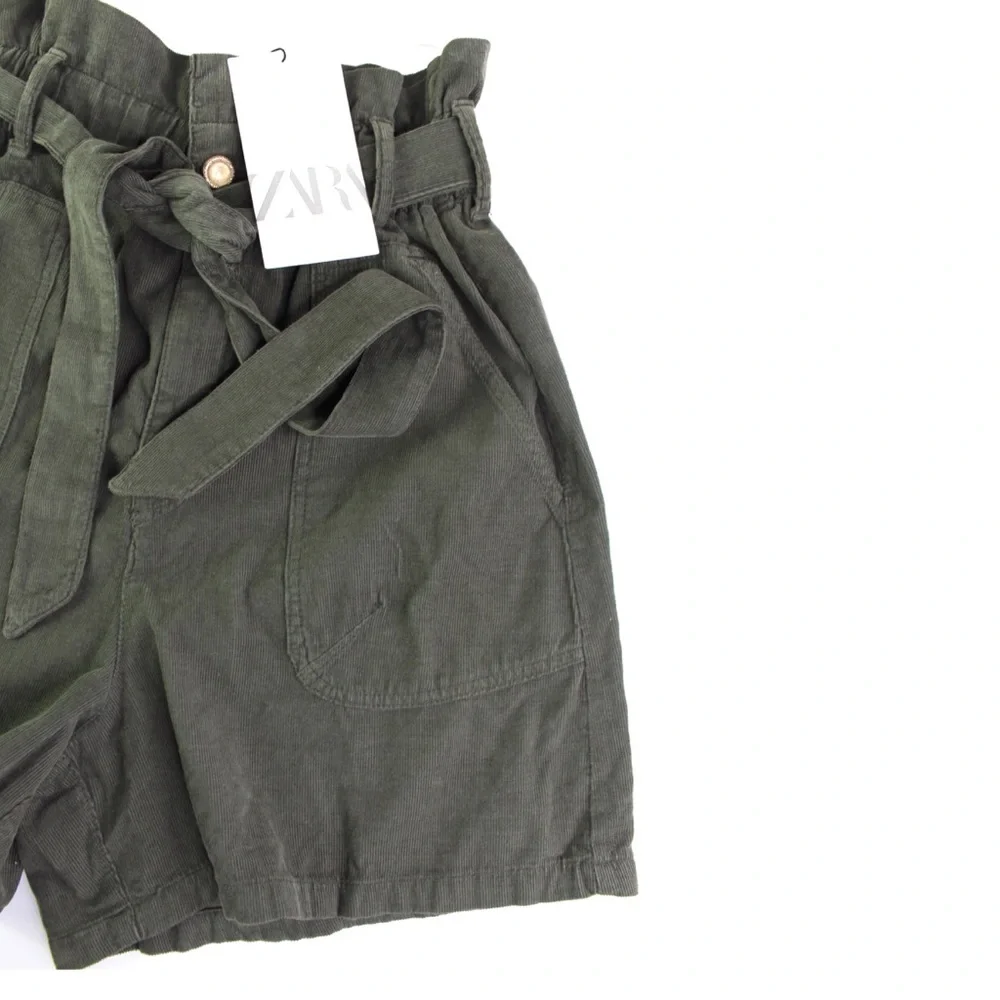 Zara NWT Baggy Paperbag Corduroy Green Tie Shorts 32/ 00 - Picture 12 of 12